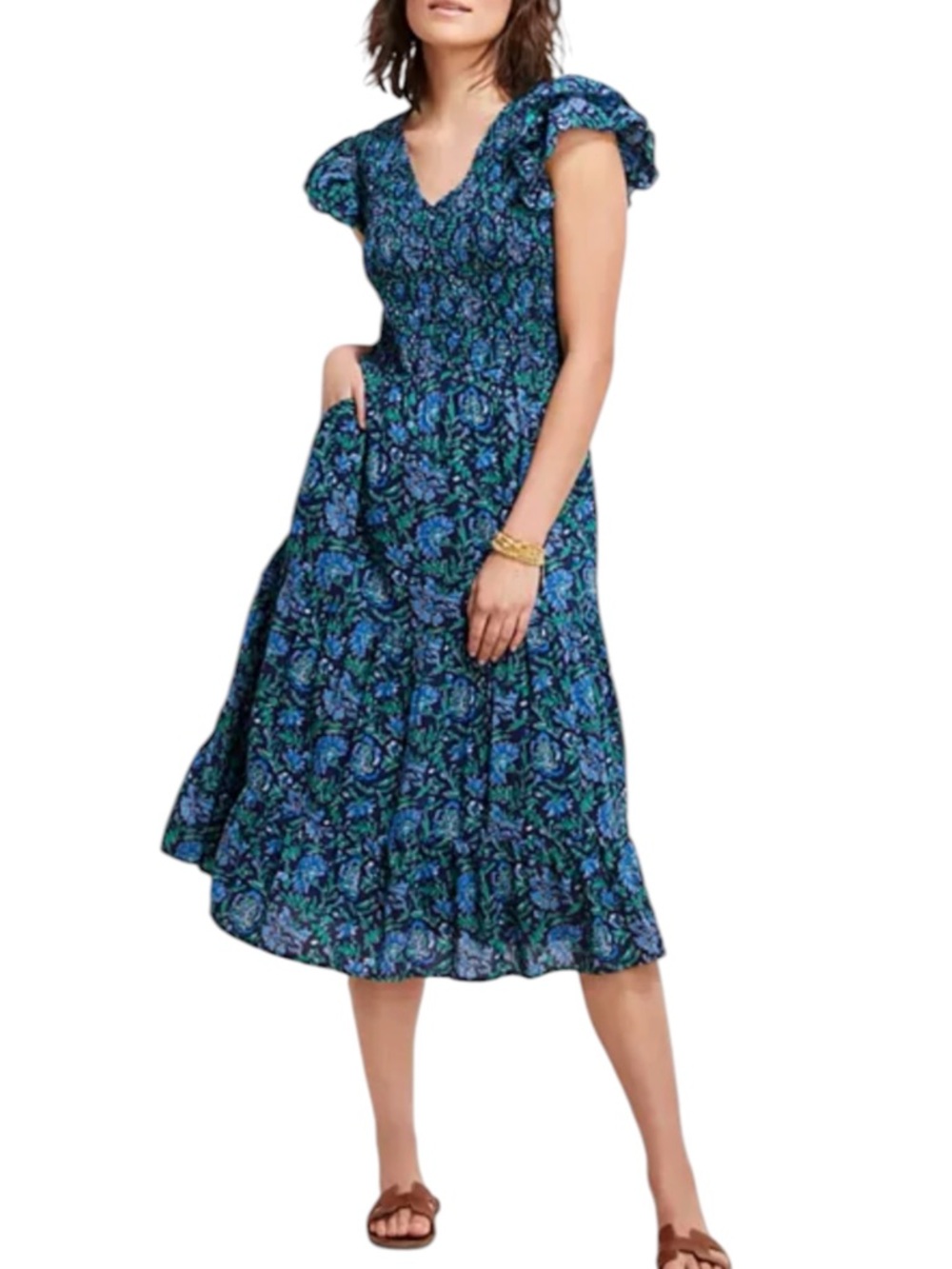 Vineyard Vines Anegada Floral Smocked Midi Dress Blue Green Ruffle L